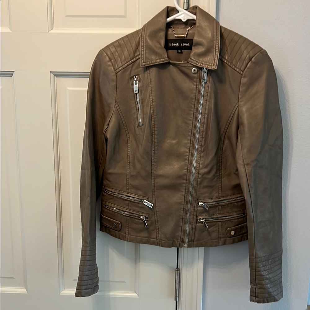 Black Rivet Tan Leather Moto Jacket Asymmetrical Zipper NWOT